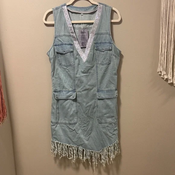 Denim Fringe Dress - Picture 1 of 7